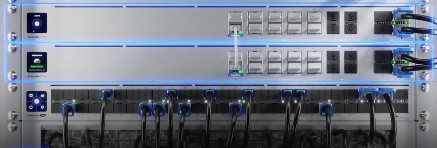 Dvě brány UniFi Enterprise v racku, záložní připravená převzít provoz